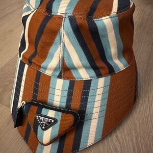 Prada Striped Bucket Hat - Brown, Blue, and White